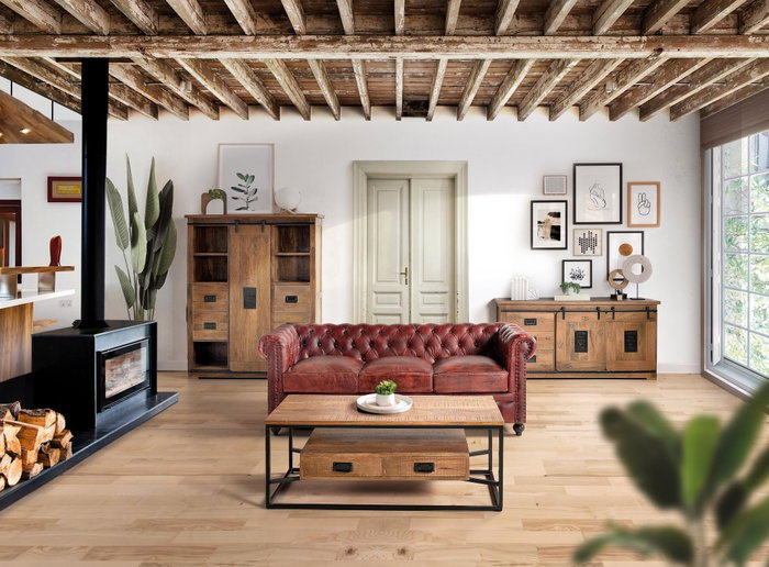 GINER Y COLOMER Buffet de style industriel en bois massif d'acacia et métal, 2 portes coulissantes, 2 tiroirs, couleur naturel, 80 x 165 x 45 cm